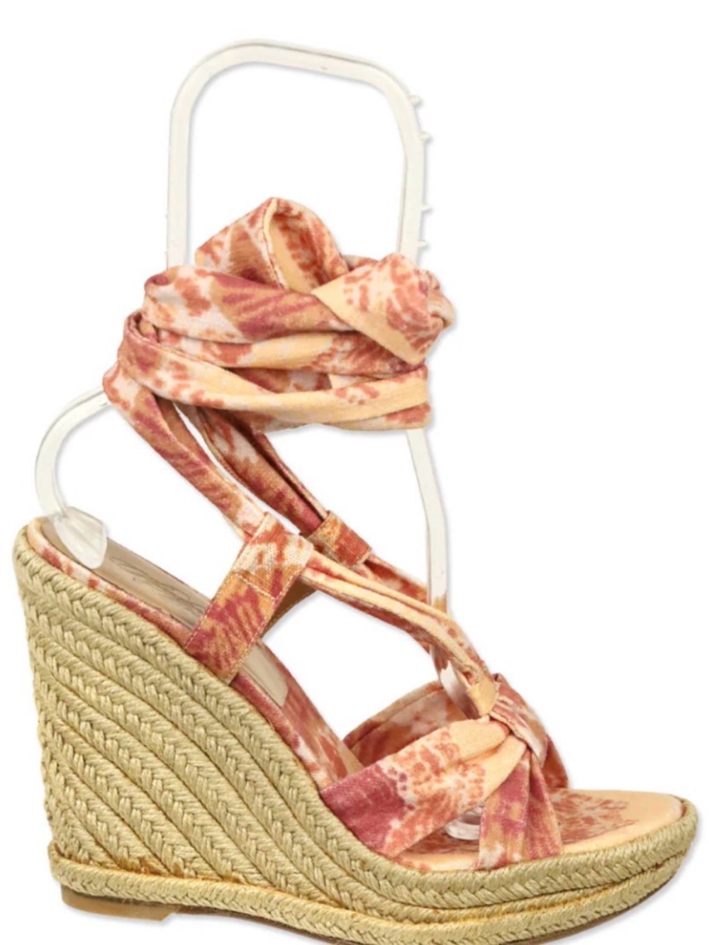 Theodora & Callum Coral and Tan Tie-Wrap Espadrille Wedges